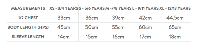 Kids Cool Tee - Size Guide