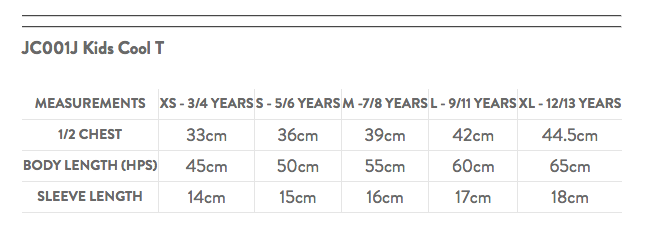 Kids Size Guide - AWD Cool Tee